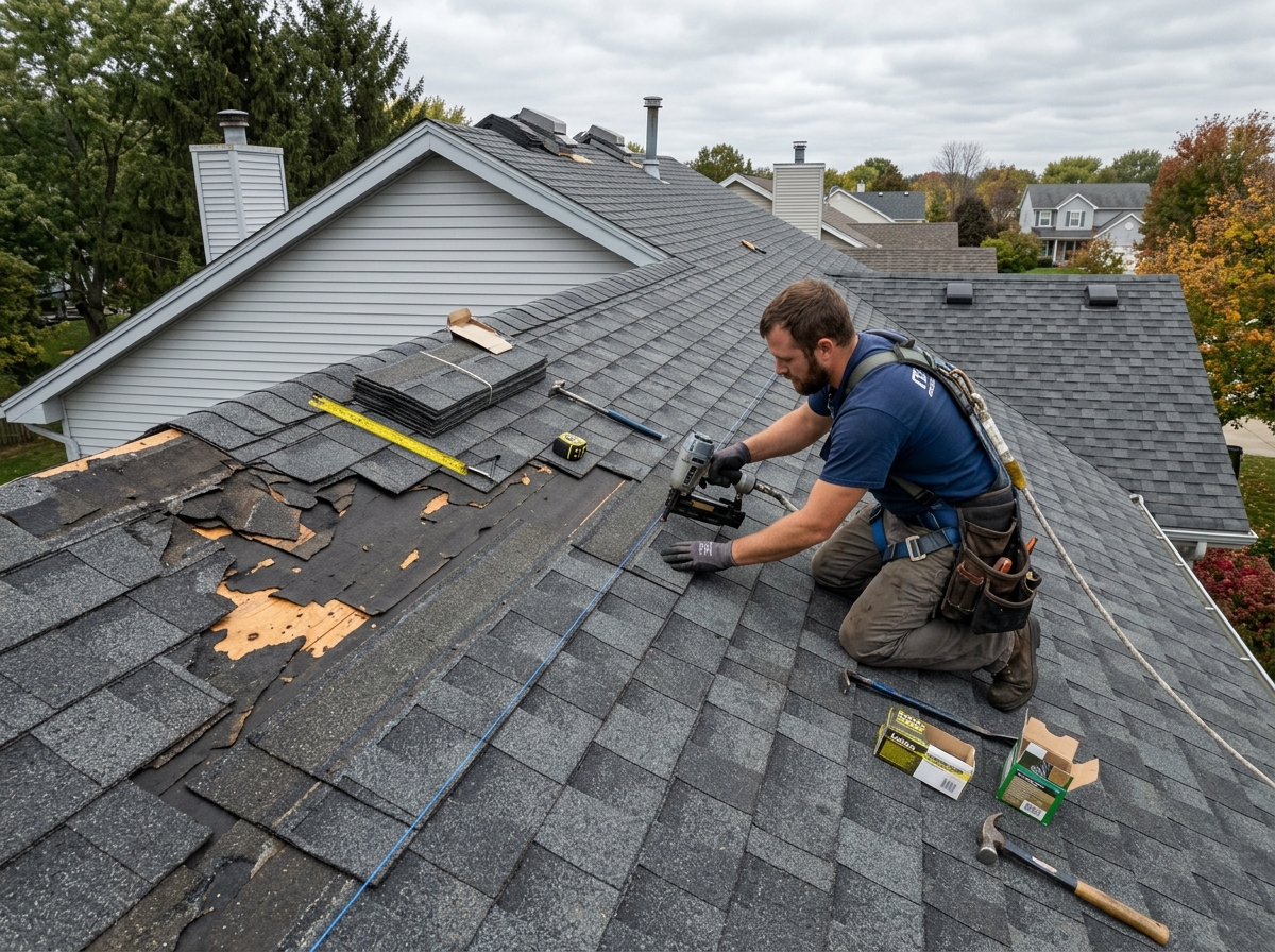 Roofer repairing storm and wind damage