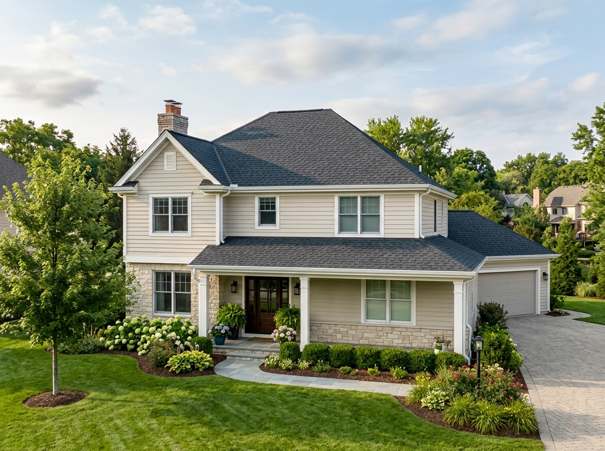 Restored residential home exterior with architectural roof and siding